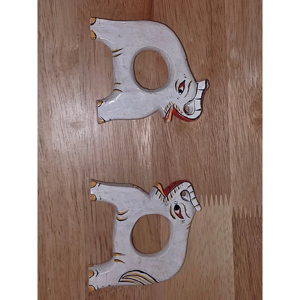 Vintage folk art set of six hand painted and carved animal napkin rings